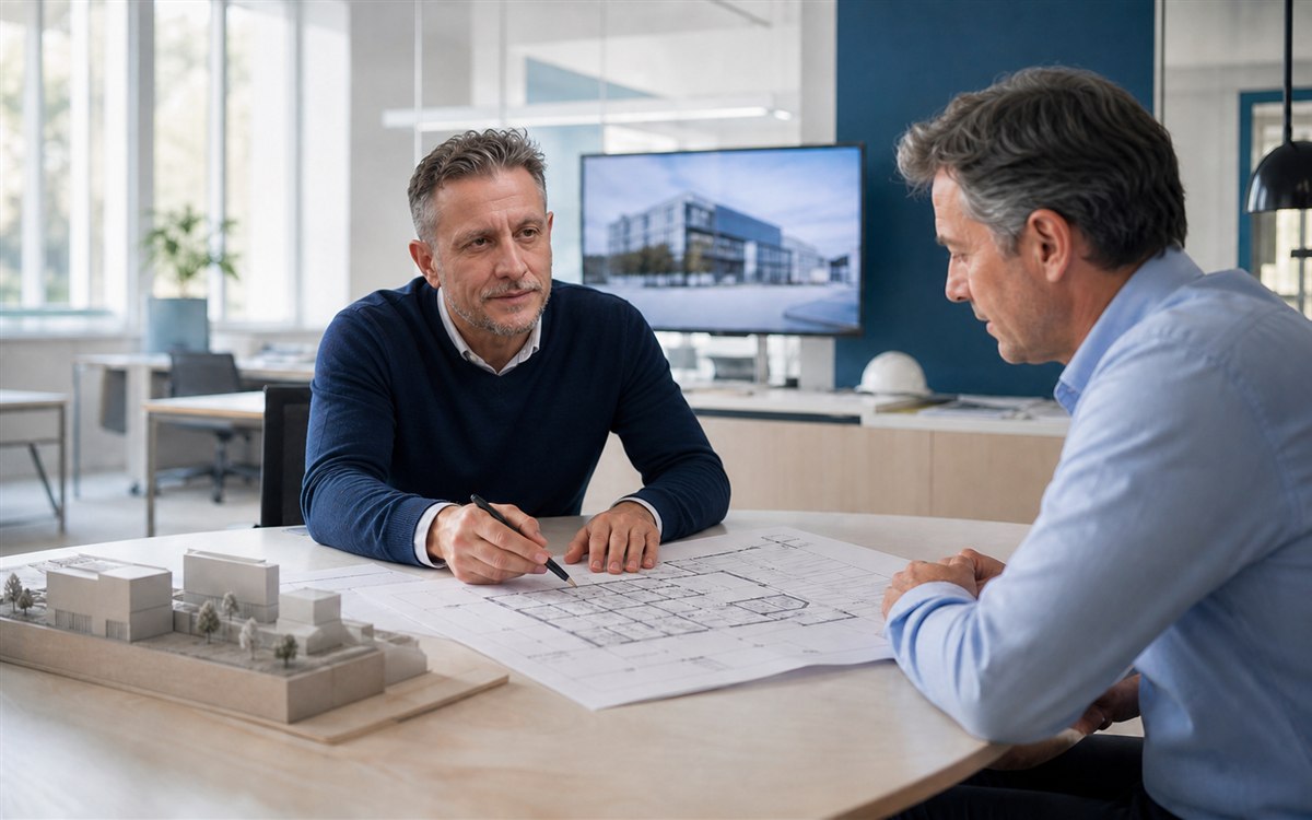 Conseiller technique accompagnant un client dans son projet de bâtiment