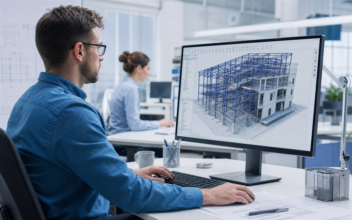 Professionnel réalisant la modélisation 3D pour une structure de bâtiment
