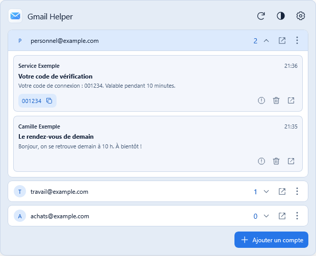 Gmail Helper — capture réelle du lecteur avec comptes et messages fictifs