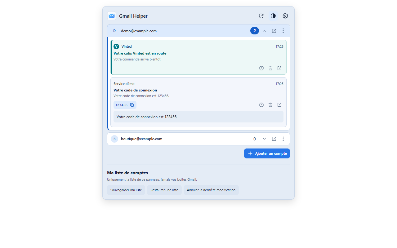 Gmail Helper — capture réelle du lecteur avec comptes et messages fictifs